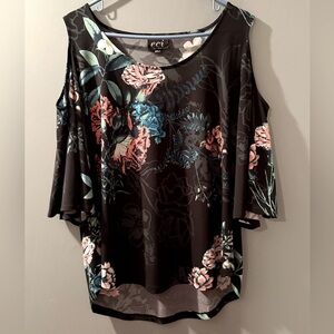 Eci Women's Sz‎ L Butterfly PeekabooShoulder 3/4 Sleeve Floral Blouse